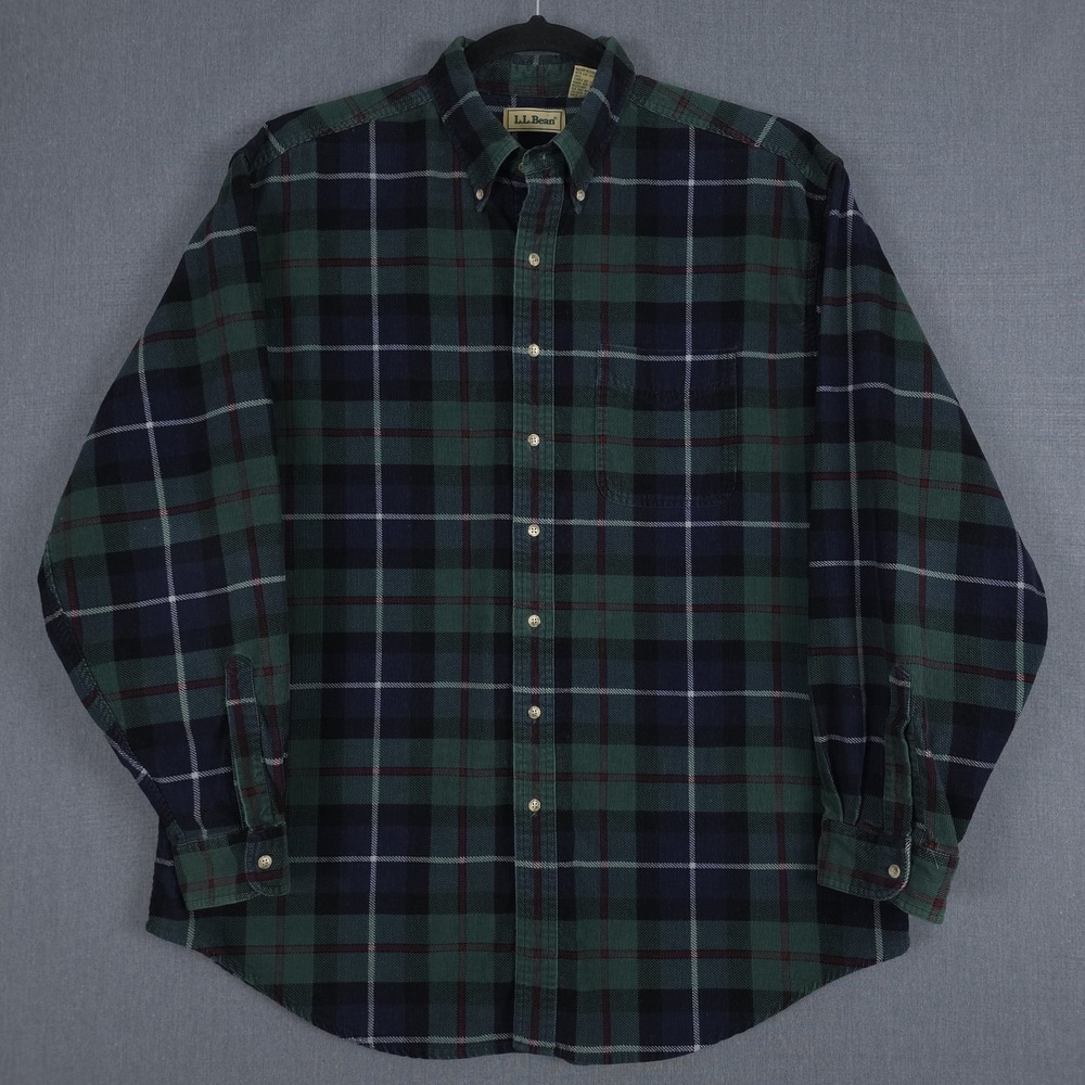 Vintage LL Bean Corduroy Shirt Mens XL Tall Blue Green Tartan Plaid Long Sleeve